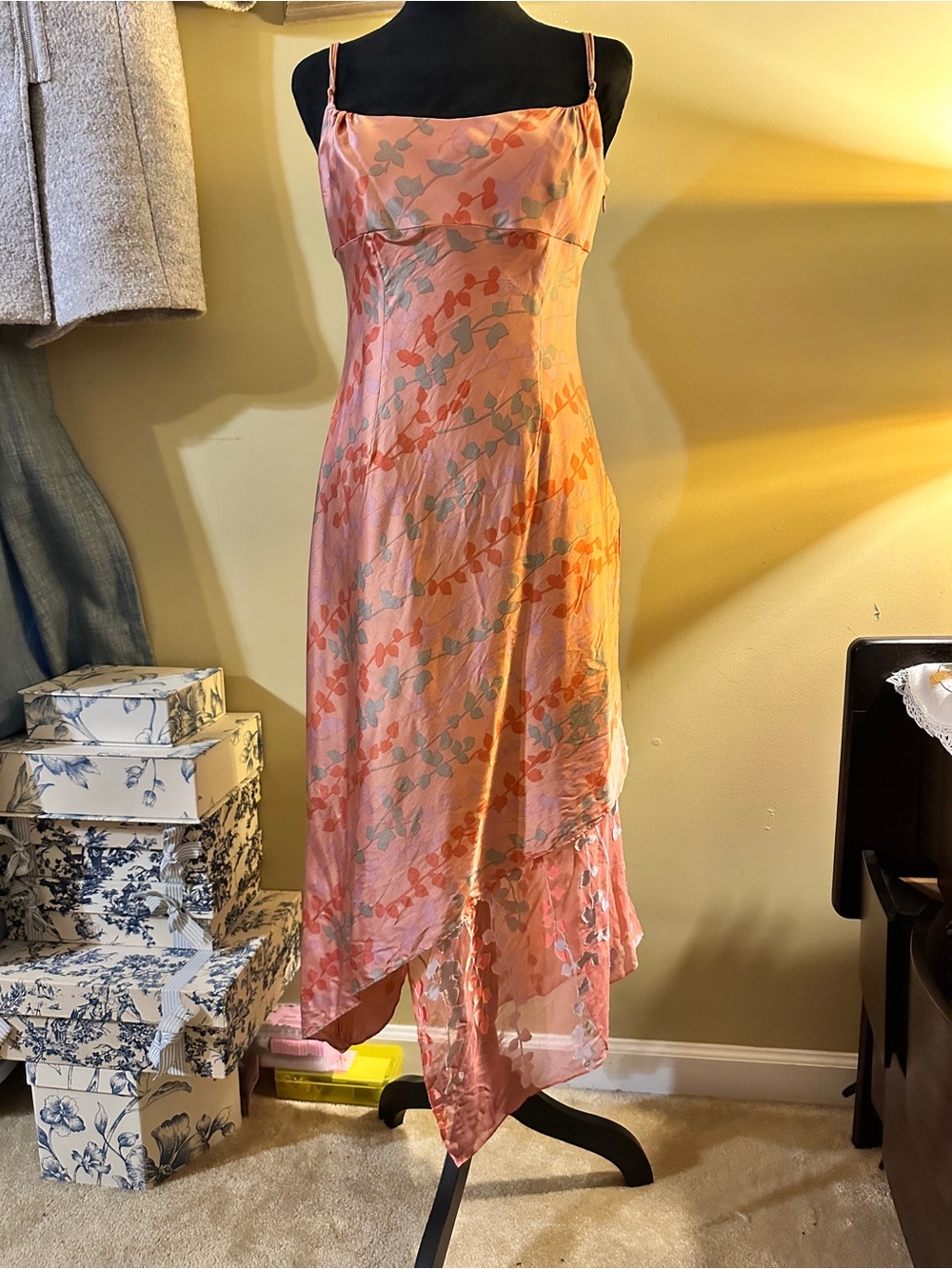 Adrianna Pink Floral Silk Slip Dress with Asymmetrical Hem